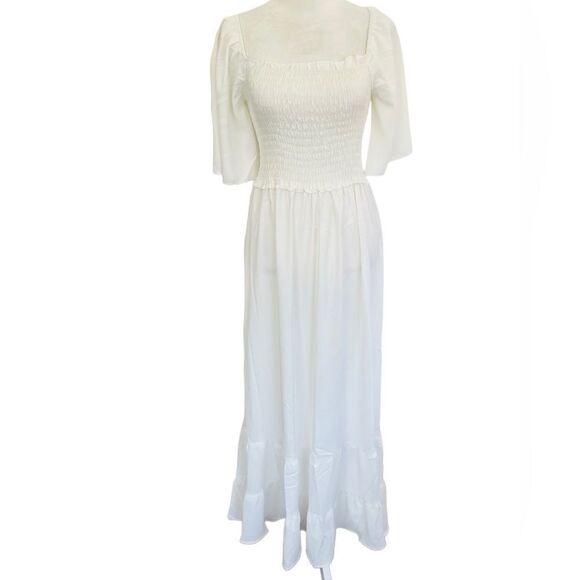 miumy Dresses & Skirts - MIUMY white smocked maxi dress, ruffle bottom hem, size S.